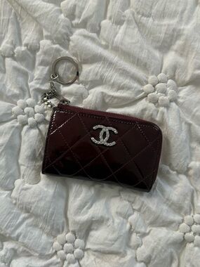 CHANEL Burgundy Patent Leather Zip Closure O-Ring Key Holder Card Wallet